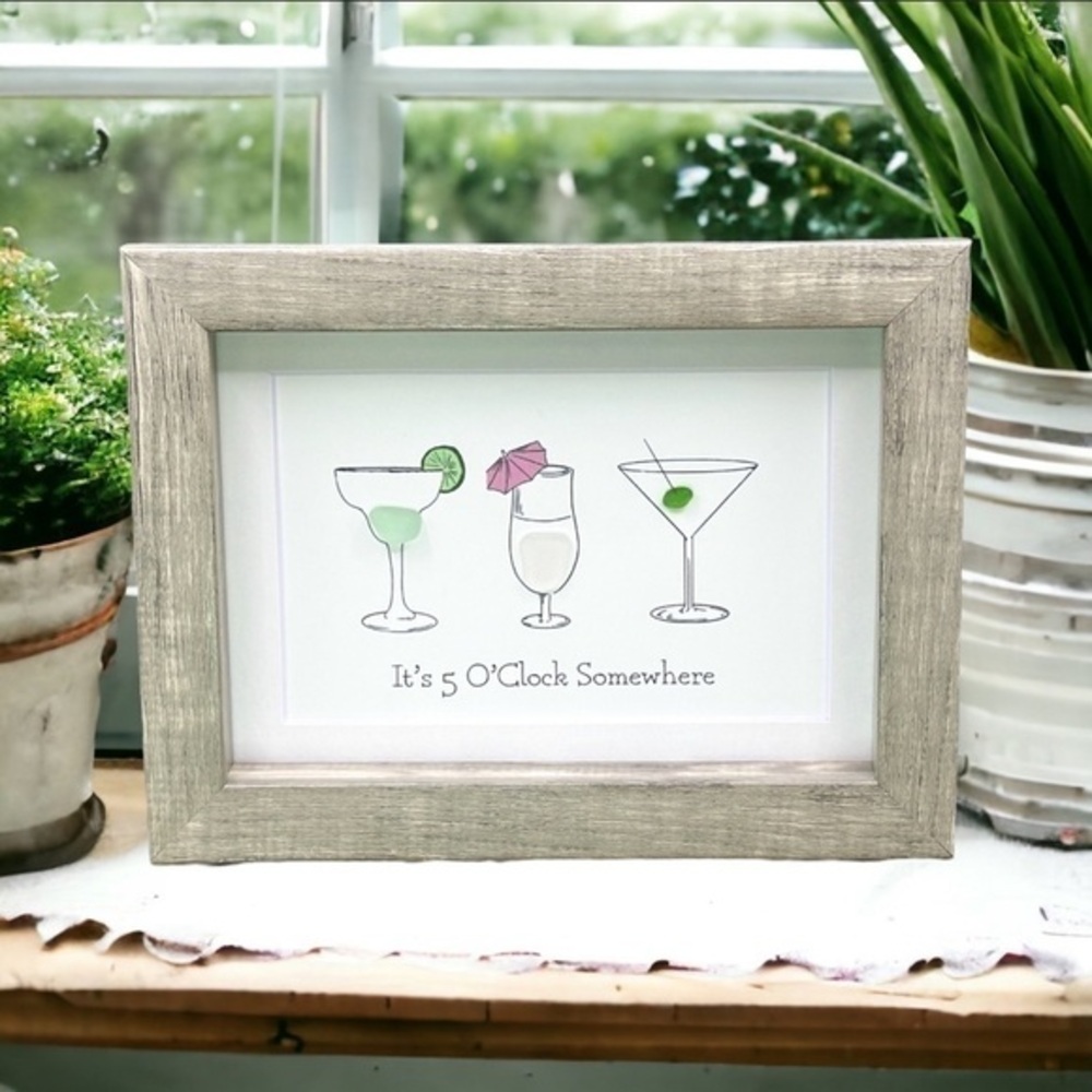 Sea Glass Art Happy Hour Bar Decor| 5 O’Clock Somewhere Cocktail Seaglass Gift
